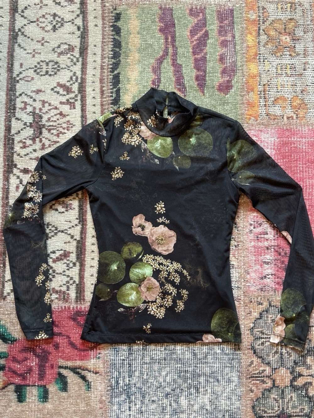 Mesh Black Floral Turtleneck Long-Sleeve Top